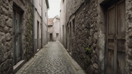 Fototapeta premium Charming cobblestone street in a historic European village, lined with stone buildings.