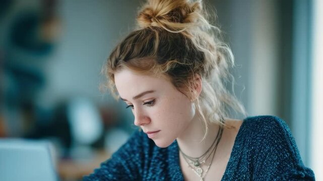 A young woman with a messy bun sits at a desk, focused on writing with a pen, a laptop nearby.