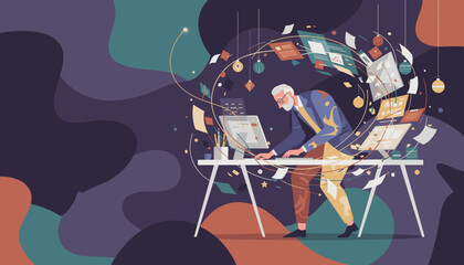 Senior professional managing digital data and paper workflow information overload concept