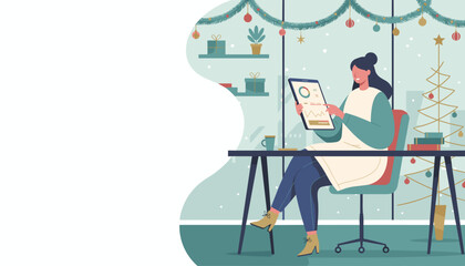 Businesswoman analyzes data on a tablet in a modern holidaydecorated office during winter