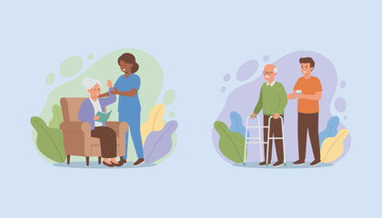 Professional caregivers support elderly people with reading and walking assistance Senior home care service illustration