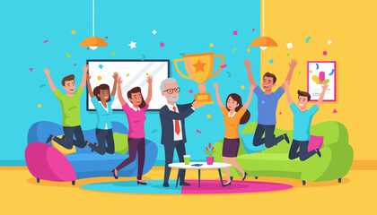 Excited business team celebrates victory jumping for joy as the boss presents a golden trophy