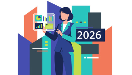 Businesswoman analyzes future 2026 business forecast using transparent digital data screen