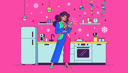 Stylish woman uses phone in a vibrant festive kitchen Holiday celebration social media or digital planning concept