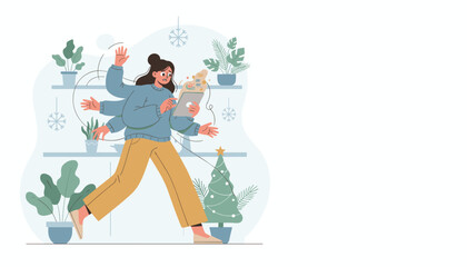 Stressed woman with multiple arms running juggling tasks and holiday pressures illustrating burnout and workload