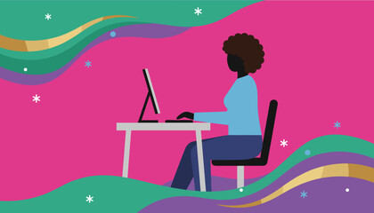 Vibrant illustration of a woman working at a computer desk Business technology and remote freelance work