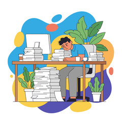 Overworked employee overwhelmed by paperwork mountains Burnout heavy workload office stress concept illustration