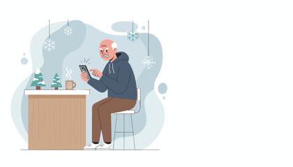 Angry senior man struggles with poor signal on his smartphone during a cold winter day
