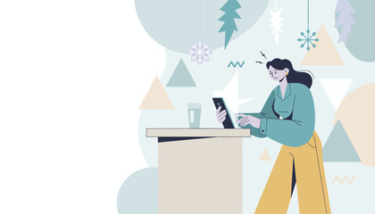 Frustrated woman using smartphone experiencing work stress or digital burnout during winter