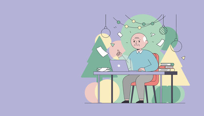 Frustrated senior man working on laptop with flying papers during chaotic holiday deadlines