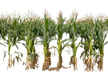 Cornfield on transparent baground green stalks with tassels and roots agricultural harvest concept