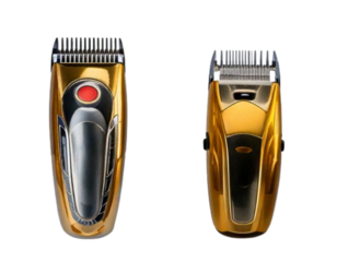 Golden hair clipper and silver hair clipper side by side isolated on transparent background