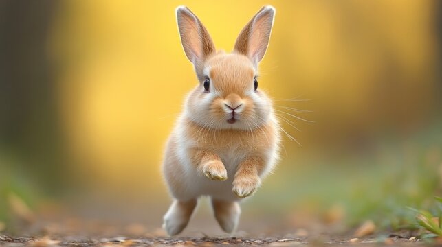 Cute brown Mini Lop rabbit jumping on a yellow background