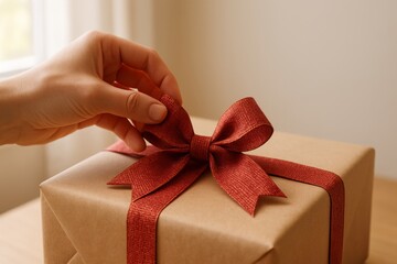 A close-up of a hand delicately adjusting a red ribbon on a beautifully wrapped gift box.