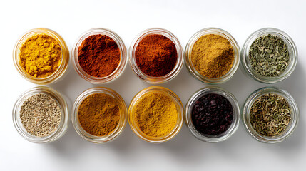 Colorful spice powder collection in glass jars - cooking seasoning herbs and culinary ingredients for food recipe and kitchen stock