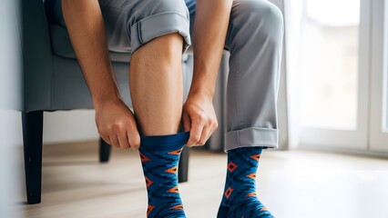 A lifestyle shot from the knees down showing a man pulling up patterned socks, while wearing boxer briefs and trousers rolled up.