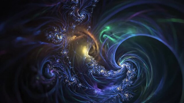 Abstract fractal art, vibrant swirling cosmic energy, intricate glowing blue and purple patterns