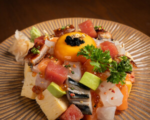 Japanese Ikura Don Set Dark Studio Shot Fine Dining