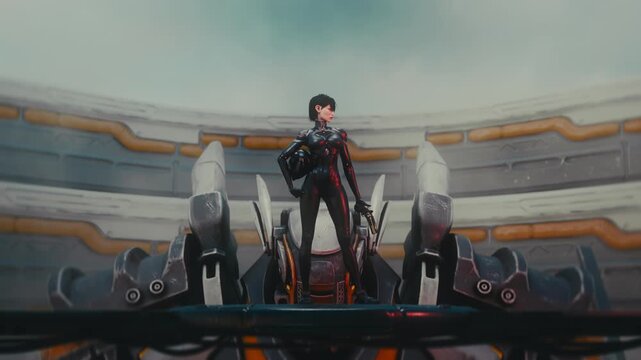 3d animation. Female pilot in black cyber suit on bridge holds pistol and helmet. Behind her a majestic mech rises on a lift in huge sci-fi hangar with sky view. Epic mecha war concept art render.