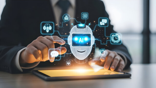 Futuristic technology concept of businessman using digital ai assistant for business automation - Powered by Adobe
