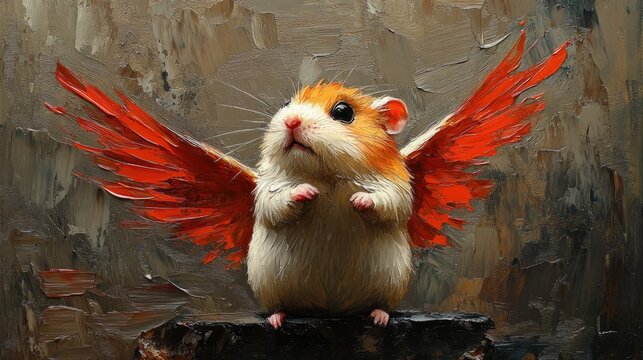 Cute hamster angel in animal heaven. Oil painting on canvas with texture and brush strokes. Grief card. Ideal of crematories