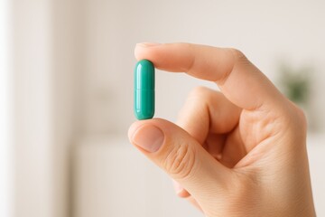 A close-up of a hand holding a green capsule against a soft, bright background, symbolizing health and wellness.