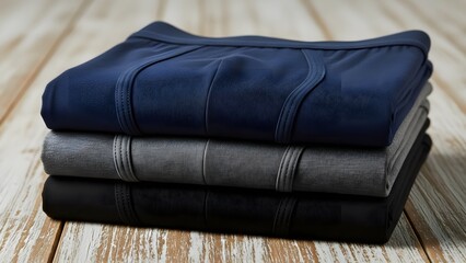 A neatly folded stack of three men's cotton boxer briefs in solid colors: navy blue, charcoal grey, and black. Placed on a rustic wooden table surface.