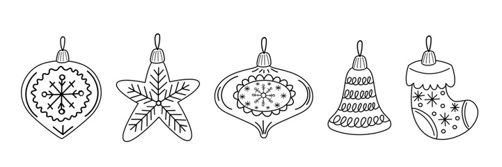 Christmas Line Art Ornaments Set – Cute Hand-Drawn Holiday Decorations with Snowflakes and Winter Patterns