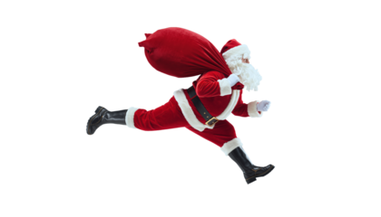 Santa Claus runs with his bag of gifts during the holiday season in a snowy landscape