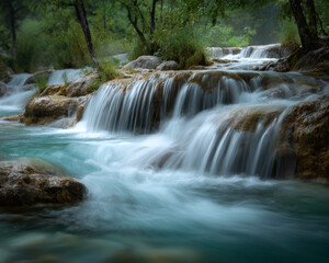 Fototapeta premium Artistic Long Exposure of Silky Smooth Waterfall Flow in Rainforest, Emphasizing Ethereal Motion Blur