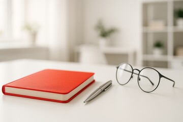 A stylish workspace featuring a red notebook, glasses, and a pen, radiating productivity and focus.