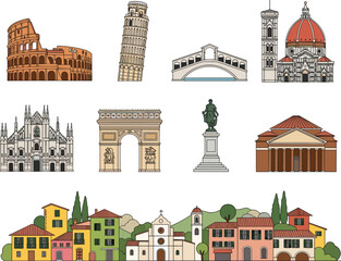 Iconic European architectural landmarks and buildings, Italy monument vector set, cultural heritage illustration, cad drawing flat vector illustration