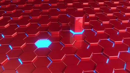 Obraz premium Abstract 3d vibrant red futuristic hexagon pattern background with glowing blue light accents.