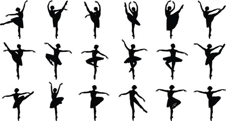 Silhouette Grid of Ballet Dancers in Classical Poses Arabesque, Pirouette, Attitude, and More on White Backgrou © Lutfun Creatives