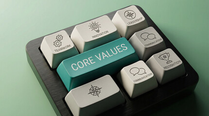Core values teamwork innovation leadership communication recognition business culture concept on colorful keyboard keys.