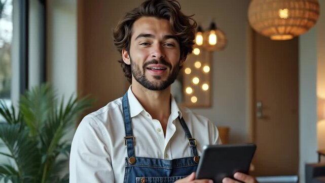 Smiling caucasian man using digital tablet device while working in a cafe, looking forward. Order input and customer service concept.