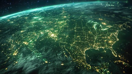 Cybernetic Infrastructure, North America's landscape is transformed into a cybernetic network of interconnected data centers and information highways