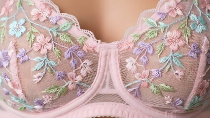 A close-up view of a delicate pink bra adorned with pastel floral embroidery.