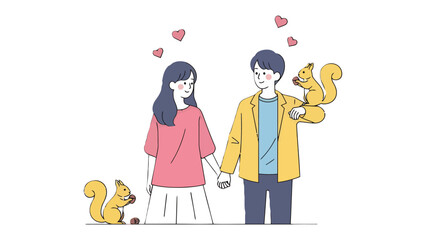 Love's Nutty Surprise: A couple in love amidst adorable animated squirrels, embracing a moment of sweet affection, with hearts swirling above, creating a scene of whimsical tenderness.