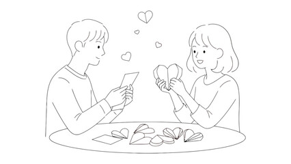 Loving Craft: A couple engrossed in a shared crafting experience, their hands busily fashioning paper hearts, symbolizing the tenderness of love and companionship.