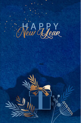 Happy New Year dark blue banner. Gift box with bow and decorative elements on watercolor background. Elegant Minimalistic Luxury Christmas design