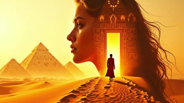 Woman with ancient temple mindscape and man entering glowing doorway in desert with pyramids, spiritual journey concept