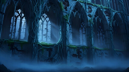 Gothic ruins with pointed arches and intricate tracery shrouded in blue mist.