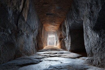 Obraz premium The long, rough stone tunnel with light at the end. A corridor into mystery, or a path to freedom? The tunnel is ancient and awe-inspiring.