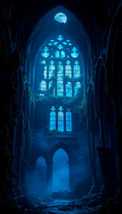The interior of a ruined Gothic cathedral, surrounded by blue mist