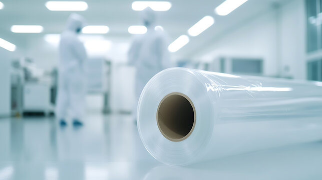 Close-up of a roll of transparent plastic film in a clean room setting. Two workers in protective suits are blurred in the background, emphasizing the sterile environment.