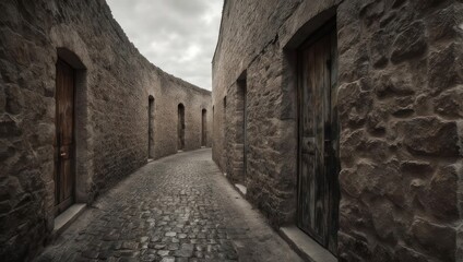 Obraz premium Ancient Stone Alleyway with Arched Doorways and Cobblestone Pavement.