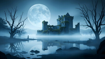 Ruined stone castle stands on an island surrounded by water