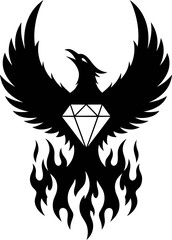 Obraz premium Phoenix bird with diamond on chest rising from fire. Rebirth and strength symbol. Vector illustration for logo, emblem, icon