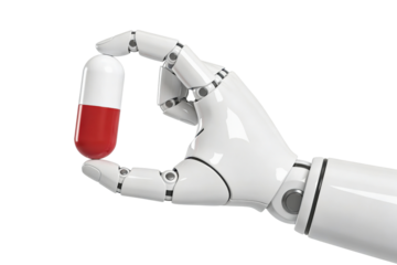 Robotic hand holding a red-and-white capsule on transparent background, perfect png clipart for medical technology, pharmacy apps, telemedicine visuals, health infographics and digital wellness tools.